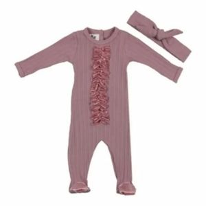 HannaKay, By Maniere Velour Fringe Footie With Matching Headwrap 3month.